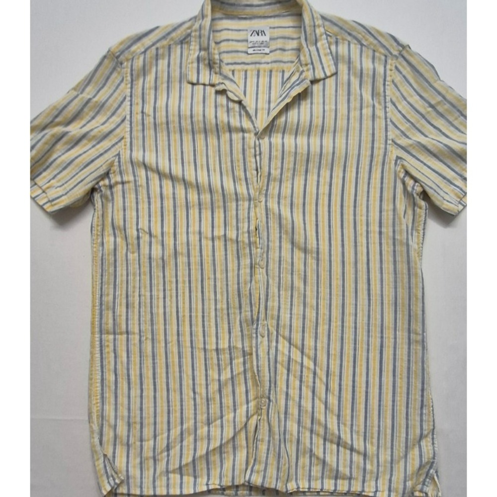 Zara men's relax fit button down shirt, yellow/white/gray stripped sz M